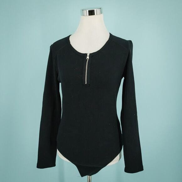 AllSaints Size 8 Alicia Black Ribbed Knit Zip Detail Crew Long Sleeve Bodysuit - Picture 1 of 6